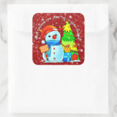 Sneeuwman kerstboom Cadeau Jaar Tekst Rood Vierkante Sticker (Tas)