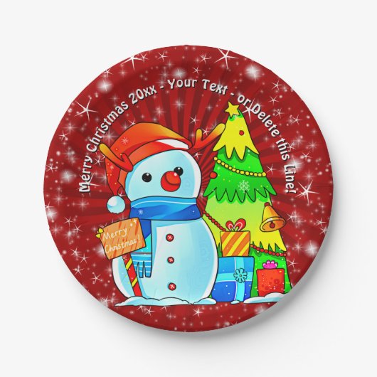 Sneeuwman kerstboom Cadeaus Jaar Tekst Rood 7" Papieren Bordje (Voorkant)