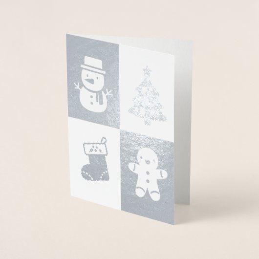 Sneeuwman Kerstboom Gingerbread Man Zilveren Folie Folie Kaarten (Voorkant)