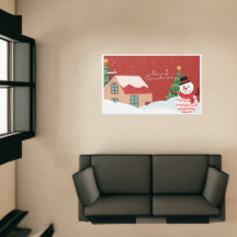 Sneeuwman & Kersthuis Winterlandschap Vloerkleed