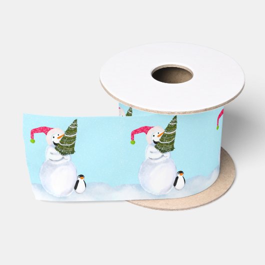 Sneeuwman Kerstmis Cute Pinguïn & Boom Satijnen Lint (Spoel)