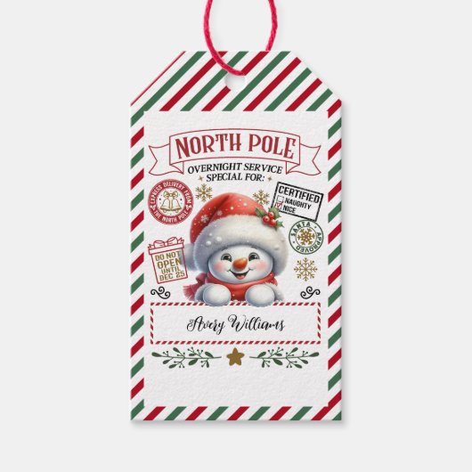 Sneeuwman Kerstmis Speciale bezorging van Sant Cadeaulabel (Voorkant)