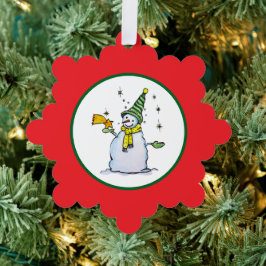 sneeuwman kerstornament met bezem en sterren ornament kaart