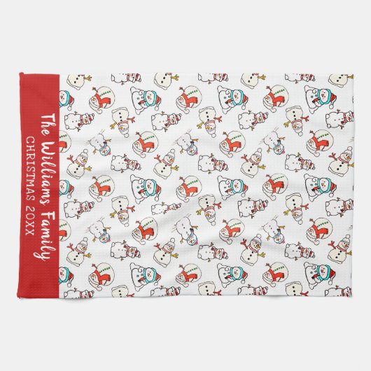 Sneeuwman kerstpatroon | Familienaam 2026 Theedoek (Horizontaal)