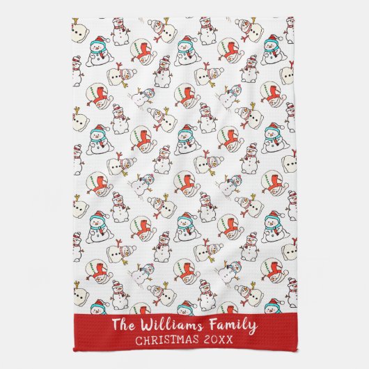 Sneeuwman kerstpatroon | Familienaam 2026 Theedoek (Verticaal)