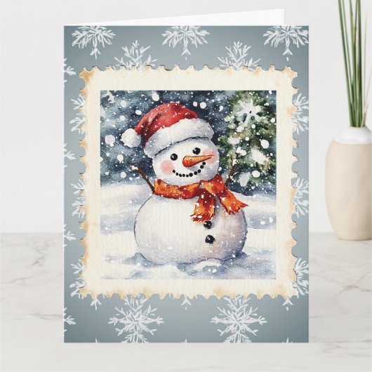  sneeuwman kerstpostzegel kaart (Voorkant)