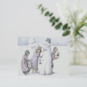 Sneeuwman Kinderen spelen sneeuwveld Briefkaart (Staand voorkant)