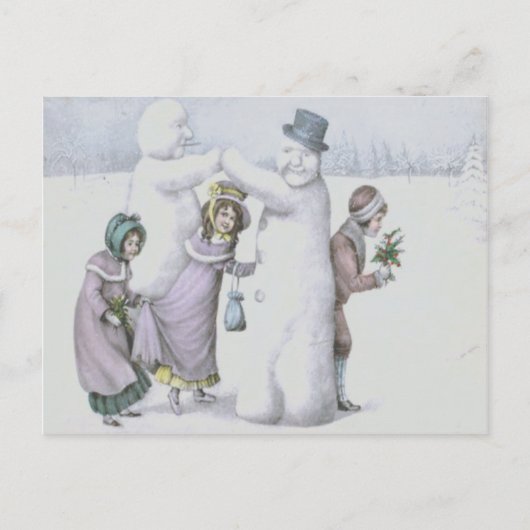 Sneeuwman Kinderen spelen sneeuwveld Briefkaart (Voorkant)