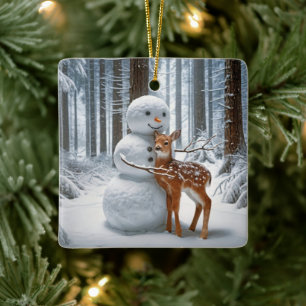 Sneeuwman knuffelt een fawn keramisch ornament