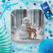 Sneeuwman knuffelt een fawn papieren bordje (Feest)