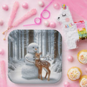 Sneeuwman knuffelt een fawn papieren bordje (Feest)