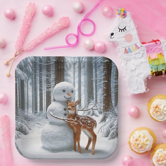 Sneeuwman knuffelt een fawn papieren bordje (Feest)
