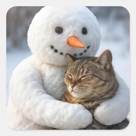 Sneeuwman knuffelt met een tabbykat vierkante sticker (Voorkant)