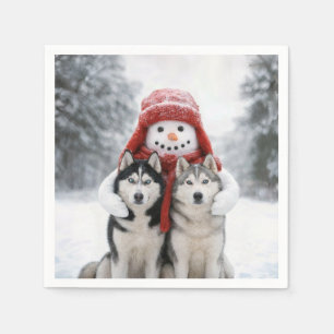Sneeuwman knuffelt met Siberische Husky honden Servet