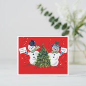 Sneeuwman-koppel en een kerstboom, vintage briefkaart (Staand voorkant)