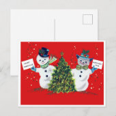 Sneeuwman-koppel en een kerstboom, vintage briefkaart (Voorkant / Achterkant)