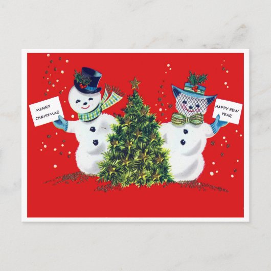Sneeuwman-koppel en een kerstboom, vintage briefkaart (Voorkant)