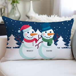 Sneeuwman Koppel Gepersonaliseerde Namen Kerstmis Kussen