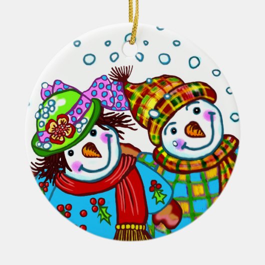 Sneeuwman Koppel  Keramisch Ornament (Voorkant)