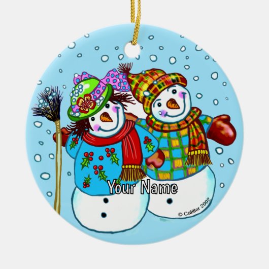 Sneeuwman Koppel Keramische Versiering Keramisch Ornament (Voorkant)