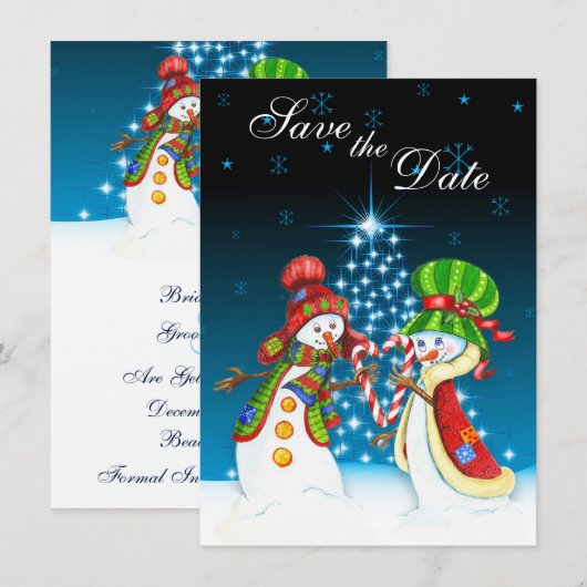 Sneeuwman Koppel Kerstboom Sla de Datum Op Uitnodi Kaart (Voorkant / Achterkant)