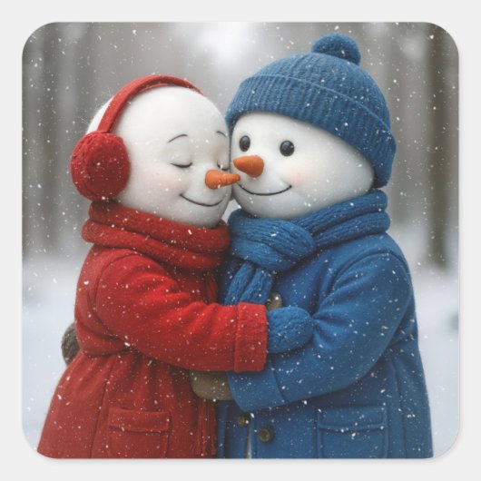 Sneeuwman Koppel Knuffelen in Winter Bos Vierkante Sticker (Voorkant)