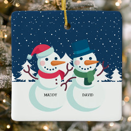 Sneeuwman Koppel Schattig Gepersonaliseerd Kerstmi Keramisch Ornament