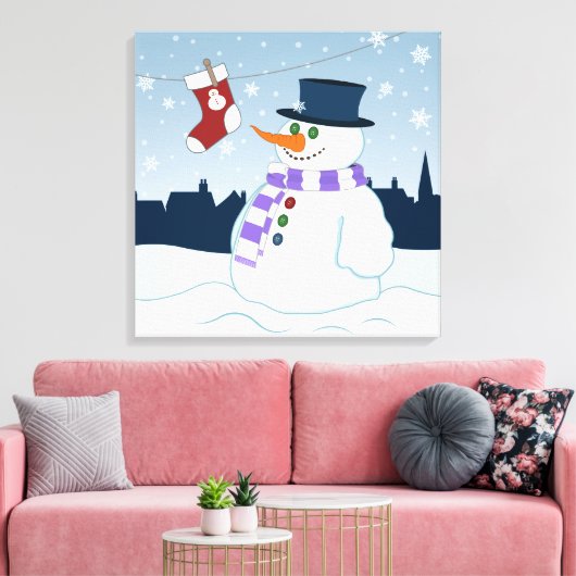 Sneeuwman & Kous Kerstmis Canvas Afdruk (Insitu (Woonkamer))