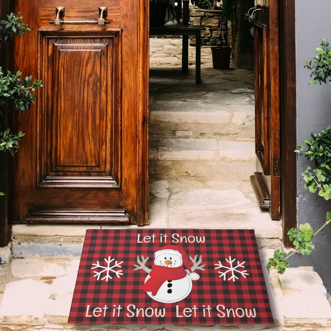 Sneeuwman Laat het Sneeuwrood en Zwart Buffel Plai Deurmat (Creator heeft geüpload)