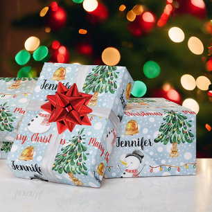 Sneeuwman Leuk Kerstmispatroon Personaliseer Naam Cadeaupapier