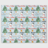 Sneeuwman Leuk Kerstmispatroon Personaliseer Naam Cadeaupapier (Vlak)