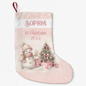 Sneeuwman Meisje Roze 1e Kerstmis Kous Kleine Kerstsok (Voorkant)