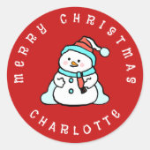 Sneeuwman met aangepaste naam | Schattigee rode ke Ronde Sticker (Voorkant)