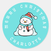 Sneeuwman met aangepaste naam | turkoois voor kers ronde sticker (Voorkant)