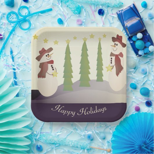 Sneeuwman met blauw en beige papieren bordje (Feest)