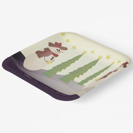 Sneeuwman met blauw en beige papieren bordje (Gebogen)