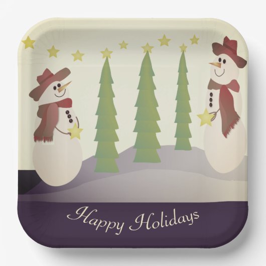 Sneeuwman met blauw en beige papieren bordje (Voorkant)