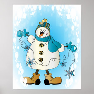 Sneeuwman met blauwe kerstsneeuwvlokken poster