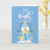 Sneeuwman met blauwe kleren - Hallo Winter Kaart (Gele Bloem)