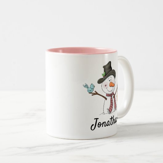Sneeuwman met blauwe vogel aanpasbare Kerstmis Tweekleurige Koffiemok (Voorkant rechts)