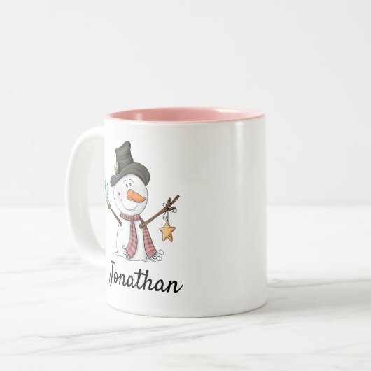 Sneeuwman met blauwe vogel aanpasbare Kerstmis Tweekleurige Koffiemok (Voorkant links)