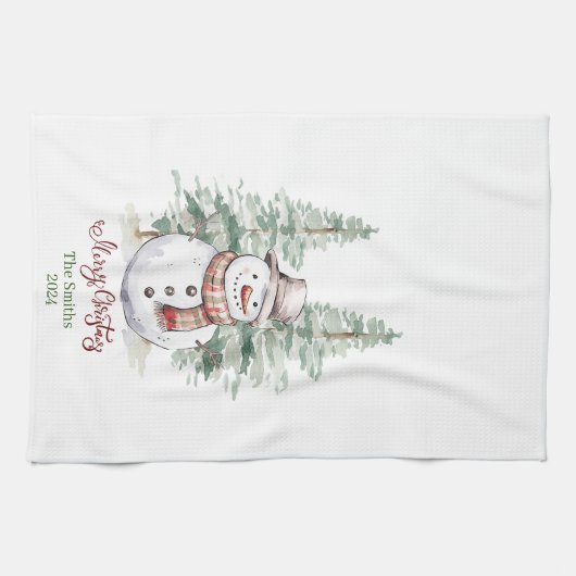 Sneeuwman met bomen Gepersonaliseerde Keuken Handd Theedoek (Horizontaal)