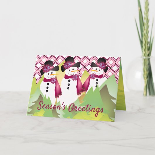 Sneeuwman met bordeaux feestdagen kaart (Voorkant)