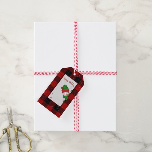Sneeuwman met Buffalo Plaid Cadeaulabel (Met Touw)