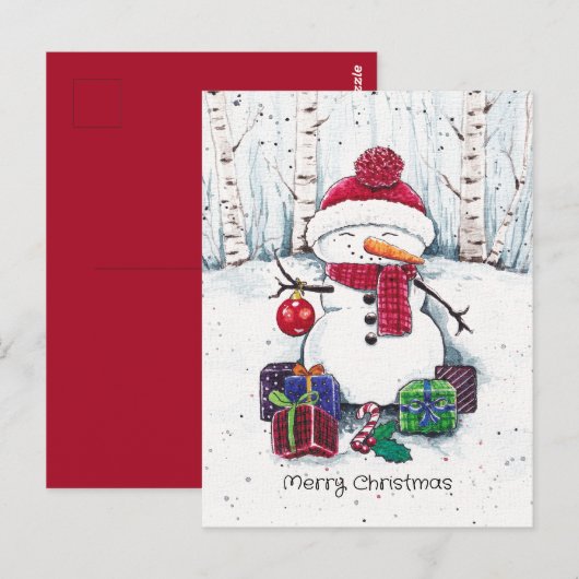Sneeuwman met cadeaus in het Briefkaart van de Wat (Voorkant / Achterkant)