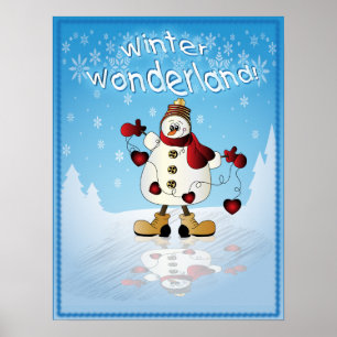 Sneeuwman met de Rode Harten van Kerstmis Poster