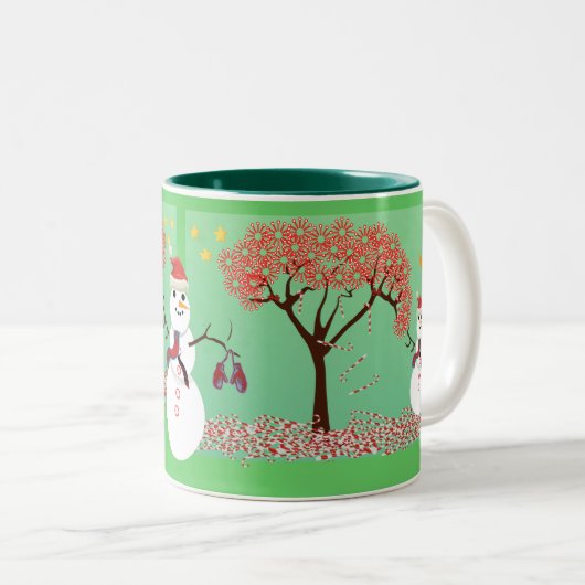 Sneeuwman met een Candycane Tree Tweekleurige Koffiemok (Voorkant rechts)