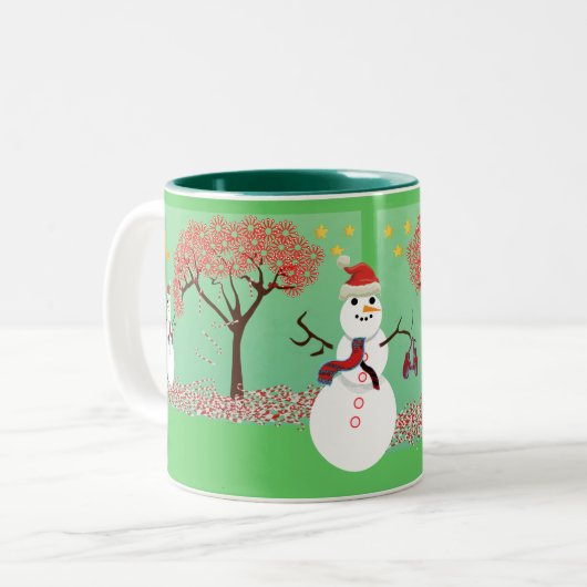 Sneeuwman met een Candycane Tree Tweekleurige Koffiemok (Voorkant links)