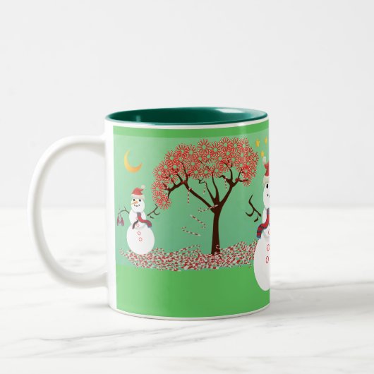 Sneeuwman met een Candycane Tree Tweekleurige Koffiemok (Links)