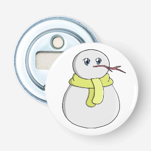 Sneeuwman met een gele sjaal button flesopener